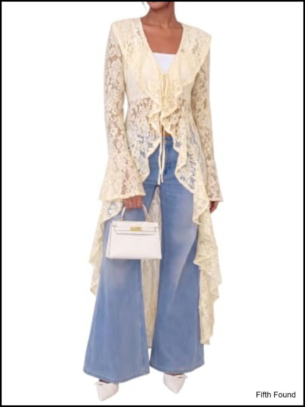 Lace Kimono Cardigan Maxi Open Front Tie Bell Sleeve Swim Cover Up